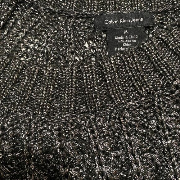 𝅺calvin KLEIN JEANS SZ M & Sz XL BLACK MIXED KNIT METALLIC SILVER WEAVE sweater - Picture 5 of 12